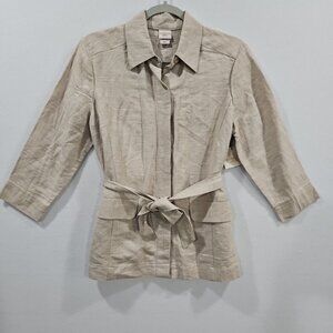 Covington Womens‎ Petite Small Blazer Tan Linen Blend Button Long Sleeve Jacket